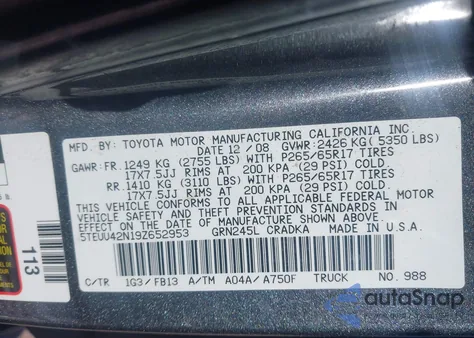 2009 Toyota Tacoma Base V6 z USA, uszkodzony, nr VIN 5TEUU42N19Z652953